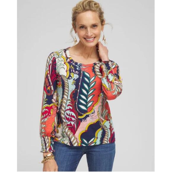 Chico's Blouse Large Paisley Boho Smocked Wrist Cottage Core Country Club - Picture 1 of 7